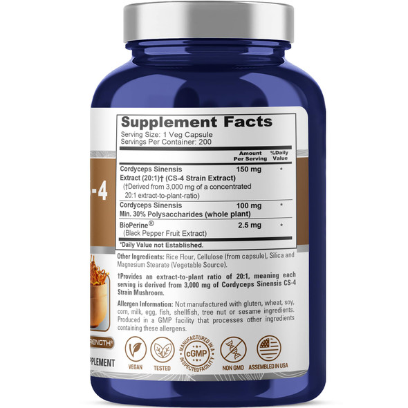 NusaPure Cordyceps 20:1 Extract 150 mg Equivalent to 3,000mg 200 Veggie Capsules (Sinensis CS-4 Non-GMO Vegan) Bioperine