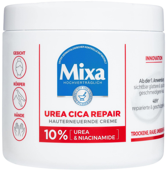 Mixa Urea Skin Renewing Cream with Urea and  Niacinamide for Dry and Rough and Uneven Skin Repairs and Smooths Moisturiser for the Body Hands and Face Urea Cica Repair+ 400 ml