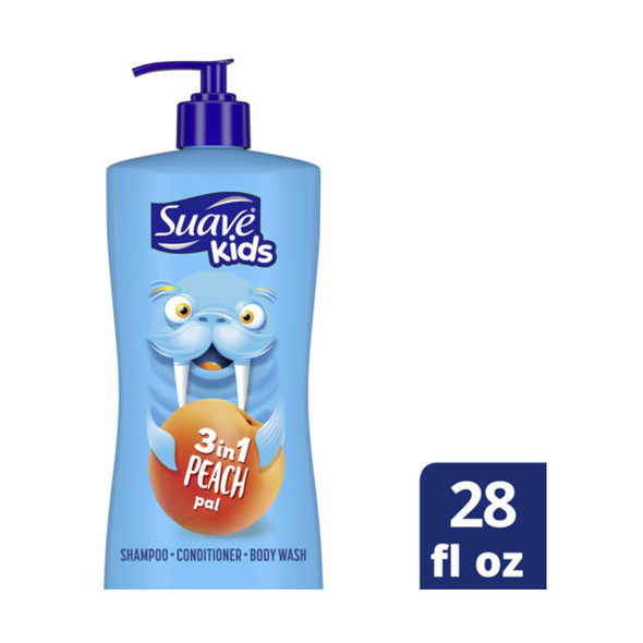 Suave Kids 3-in-1 Shampoo with Peach Pal, Tear-Free Shampoo and Conditioner, Body Wash & Soap for Kids, 828ml