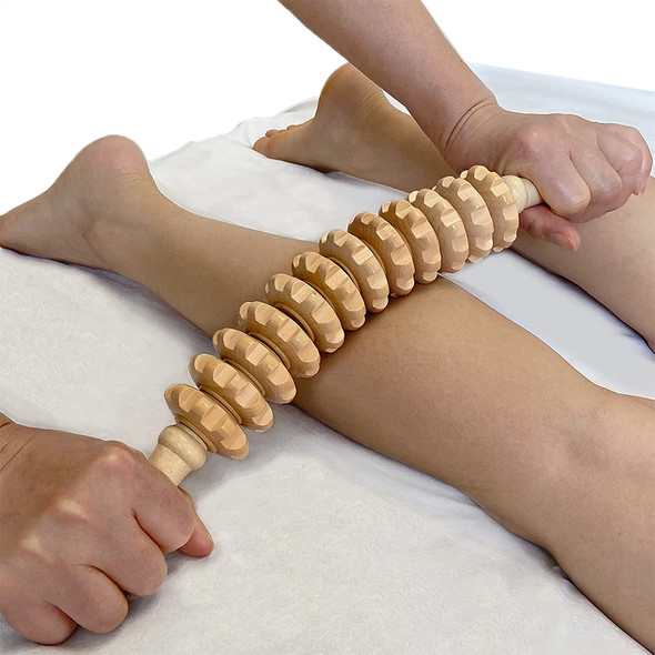 Body Fascia Massager Anti-slip Handle Wood Grooved Gear Arms Legs Thighs Buttocks Smooth Roller Massager for Back Relaxation Wood-12 Roller