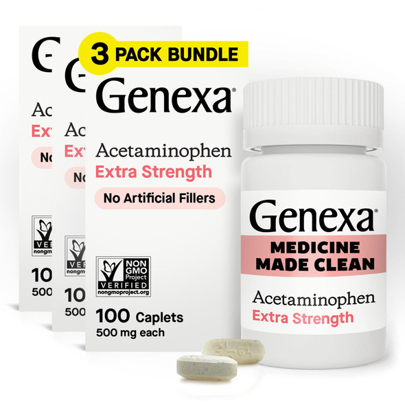 Genexa Clean Acetaminophen 500mg Extra Strength Dye Free Pain Reliever Fever Reducer 0% Artificial Additives Pain Medicine for Adults Relieves Headache Backache Minor Arthritis Pain 300 Tablets