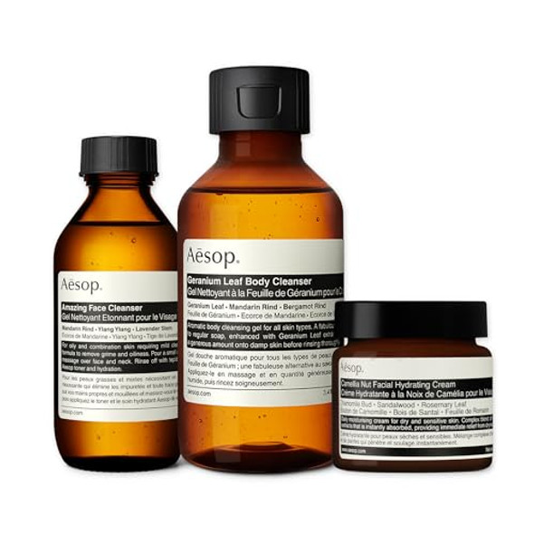 Aesop Face And Body Care Kit - Amazing Face Cleanser (3.3 Oz) + Camellia Nut Facial Cream (2.1 Oz) And Geranium Body Cleanser (3.4 Oz) Paraben- Cruelty- & Vegan