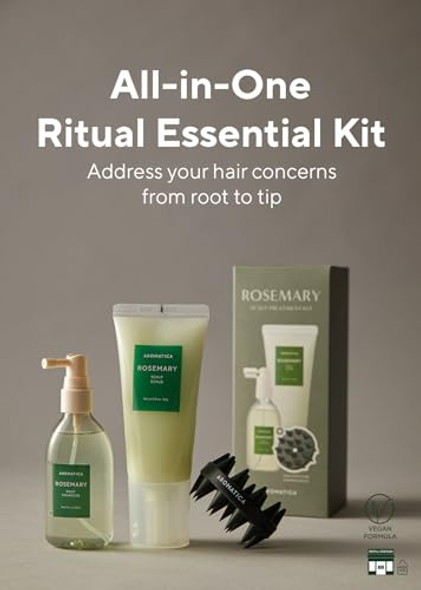 Aromatica Rosemary Scalp Care Set - Hydrating Scalp Treatment With Rosemary Enhancer Rosemary Scalp Scrub And Dual Scalp Brush - From Sulfate Silicone And Paraben Korean Hair Care.