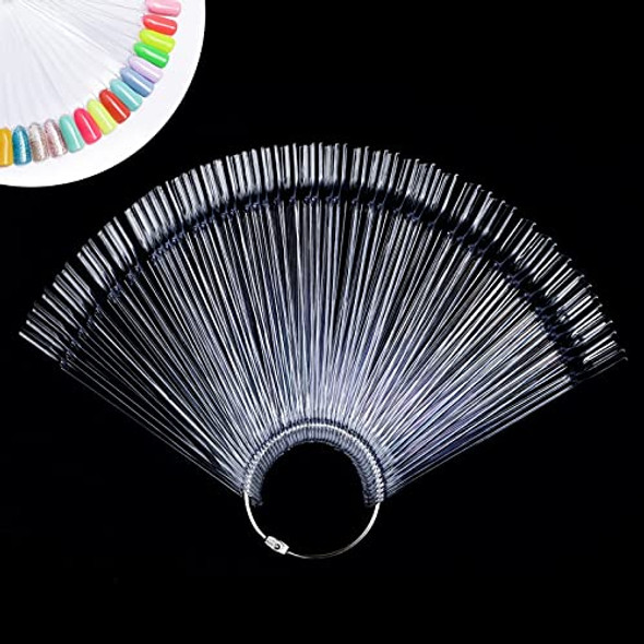 Azurebeauty 50 Pcs Nail Color Sticks With Ring Clear Fan Shape Nail Art Polish Display Tips False Nail Sample Sticks Nail Practice Color Display Transparent Nail Practice-Tips For Manicure