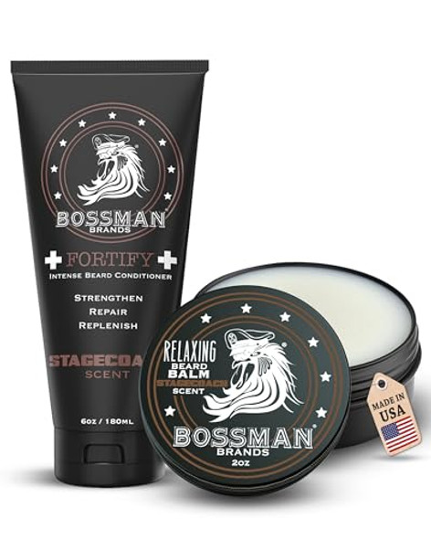 Bossman Fortify Beard Conditioner + Beard Balm For Men (8 Oz In Total Stagecoach Scent) – Moisturizing Natural Conditioner With Taming And Softening Balm – Made In The Usa
