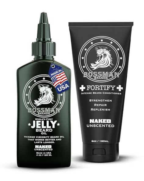 Bossman Fortify Beard Conditioner + Jelly Beard Oil For Men (10 Oz In Total – Unscented) – Moisturizing Protecting Softening And Strengthening Grooming Solutions – Made In The Usa