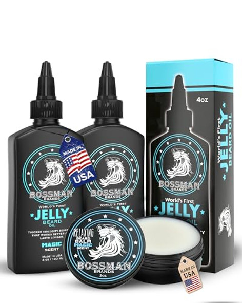Bossman Jelly Beard Oil & Beard Balm Bundle (12 Oz In Total Magic Scent) - Softens Tames Moisturizes & Conditions - Magic Scent - Natural Ingredients & Made In Usa