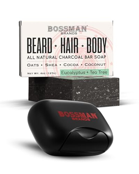 Bossman 4-In-1 Bar Soap For Men 4 Oz + Black Travel Soap Container - All-Natural Body Beard Hair & Hair Wash (Eucalyptus & Tea Tree Scent) With Holder & Saver Case For Travel Toiletries