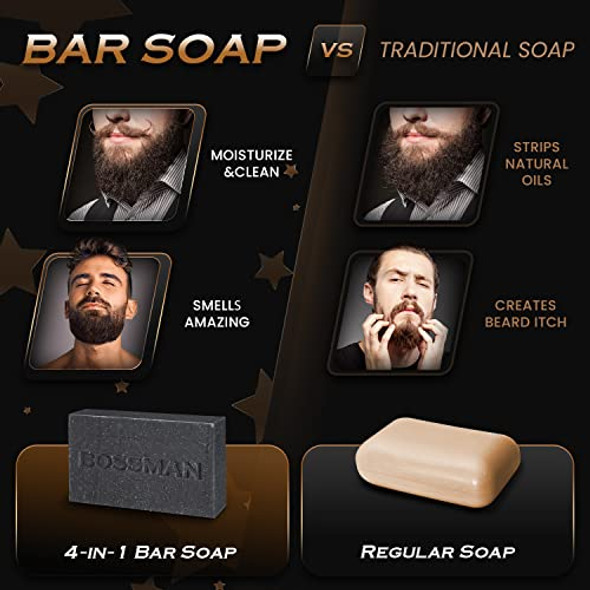 Bossman Men’S 4-In-1 Bar Soap For Men Bundle – 2 Pack 8 Oz In Total - Eucalyptus & Tea Tree & Lavender & Patchouli Scents - Beard Wash Shampoo Body Wash & Conditioner