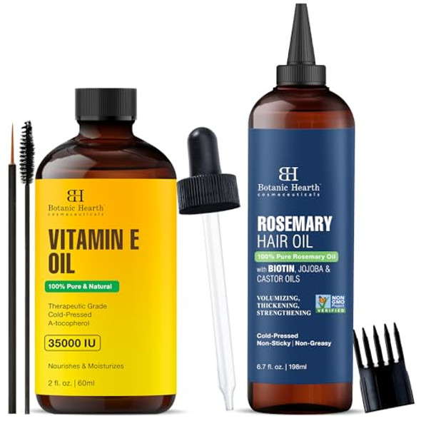 Botanic Hearth 100% Pure Rosemary Oil For Hair Growth Infused With Biotin 6.7 Fl Oz And Botanic Hearth Vitamin E Oil 2 Fl Oz