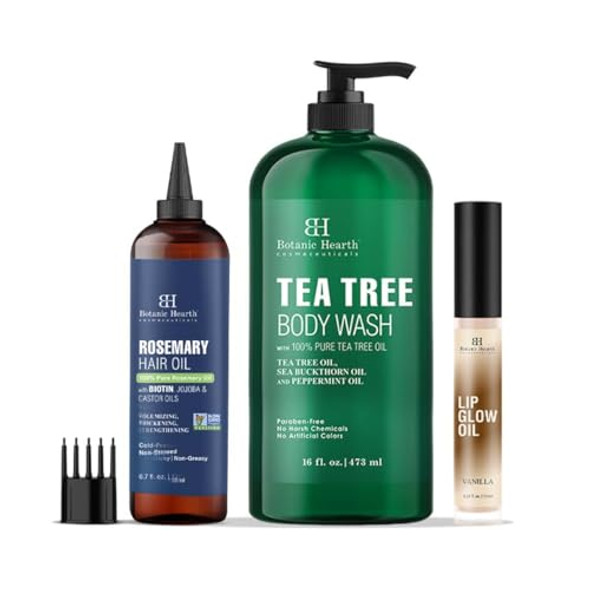 Botanic Hearth Rosemary Hair Oil 6.7 Fl Oz Lip Oil Tea Tree Body Wash Combo Set