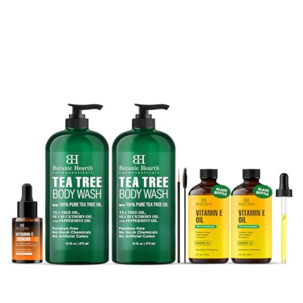 Botanic Hearth Vitamin E Oil 2 Fl Oz X 2 With Vitamin C Face Serum 1 Fl Oz And Tea Tree Body Wash 16 Fl Oz X 2 Combo Set
