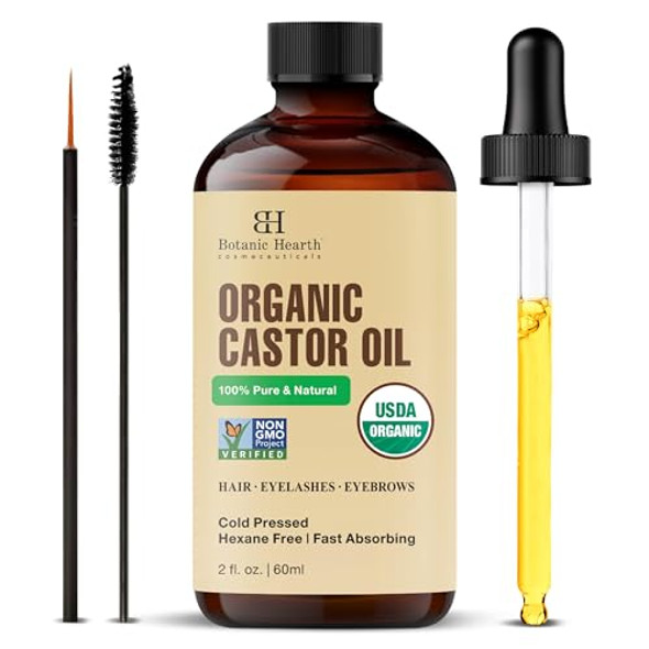 Botanic Hearth Castor Oil 100% Pure & Natural Cold Pressed Organic 2 Fl Oz For Hair Eyelashes & Eyebrows Hexane Fast Absorbing With Dropper & Applicators
