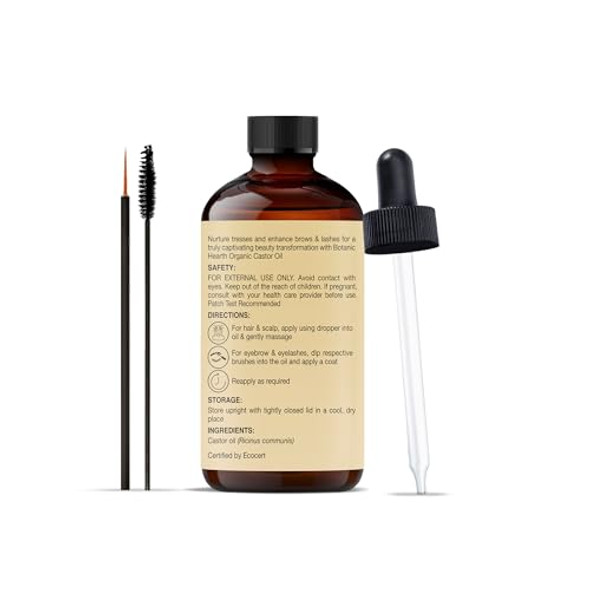Botanic Hearth Castor Oil 100% Pure & Natural Cold Pressed Organic 2 Fl Oz For Hair Eyelashes & Eyebrows Hexane Fast Absorbing With Dropper & Applicators