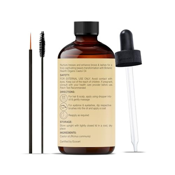 Botanic Hearth Castor Oil 100% Pure & Natural Cold Pressed Organic 4 Fl Oz For Hair Eyelashes & Eyebrows Hexane Fast Absorbing With Dropper & Applicators