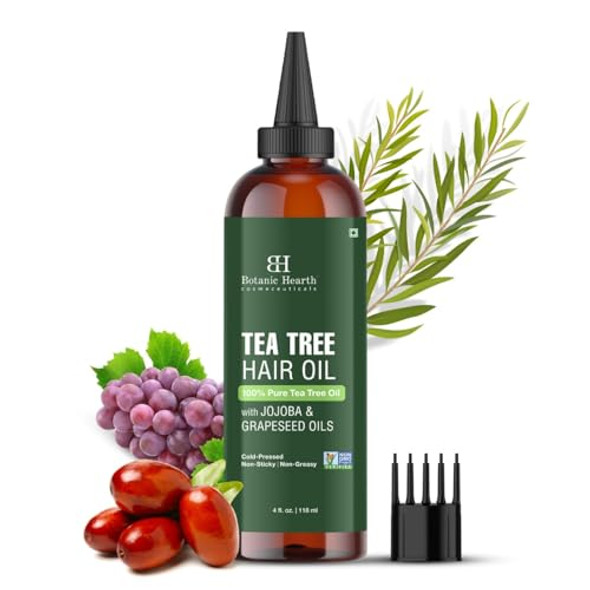 Botanic Hearth 100% Pure Tea Tree Oil For Hair Growth (4 Fl Oz) Jojoba & Grapeseed Oils Soothes Scalp & Fights Dandruff Hair Oil Repairs Damaged Hair Strengthening Healthier Hair- Hair Tonic