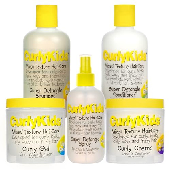 Curlykids Super Detangle Spray Bundle With Hair Detangler Spray Kids Shampoo Conditioner Gel & Creme For Curly Frizzy & Wavy Hair Sulfate & Paraben- Formula To Detangle