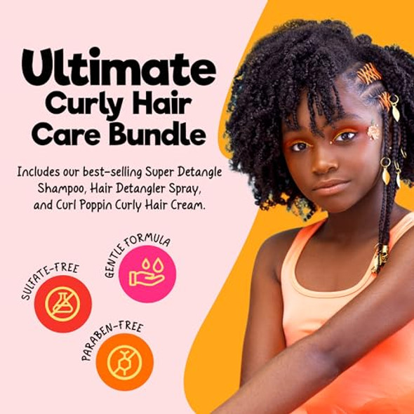 Curlykids Family Size Bundle - Super Detangler Spray Kids Shampoo Curl Poppin Creme For Kids' Curly Frizzy & Wavy Hair Sulfate & Paraben- Formula To Detangle