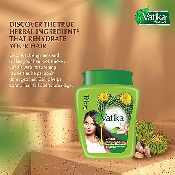 Dabur Vatika Naturals Hot Oil Hair Mask - Cactus & Garlic & Multivitamin For Dry Damaged Nourishing & Strengthening Deep Conditioning For Soft Smooth - 500Ml