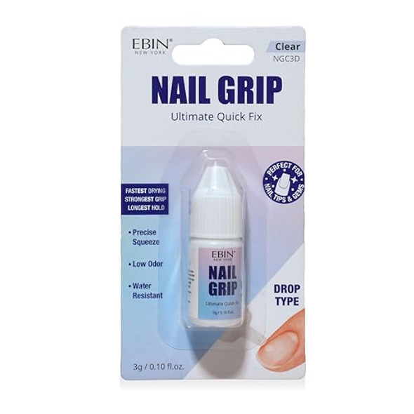 Ebin York Nail Grip- Clear Drop Quick Dry Lasting Hold Perfect For Press-On Acrylic Nail Tips & Rhinestone Gems Low Odor Water-Resistant Easy Applicator