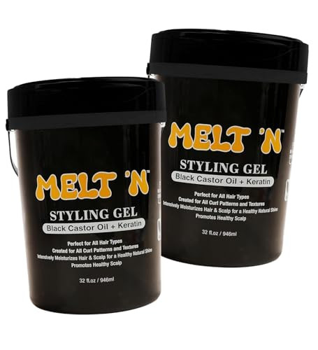 Ebin York Super Hold Hair Gel – 2X Melt'N Styling Gel Black Castor Oil + Keratin 32 Oz Lightweight Hold Curl Definition Nourishing Hair Care Bundle – Set (2 Items)