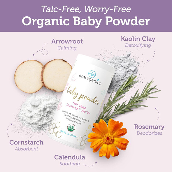 Era Organics Talc- Organic Baby Powder - Usda Organic Dusting Powder With Arrowroot Calendula And Cornstarch For Borns Babies Or Toddlers - Soothing Fragrance Made In Usa (3Oz/85G)