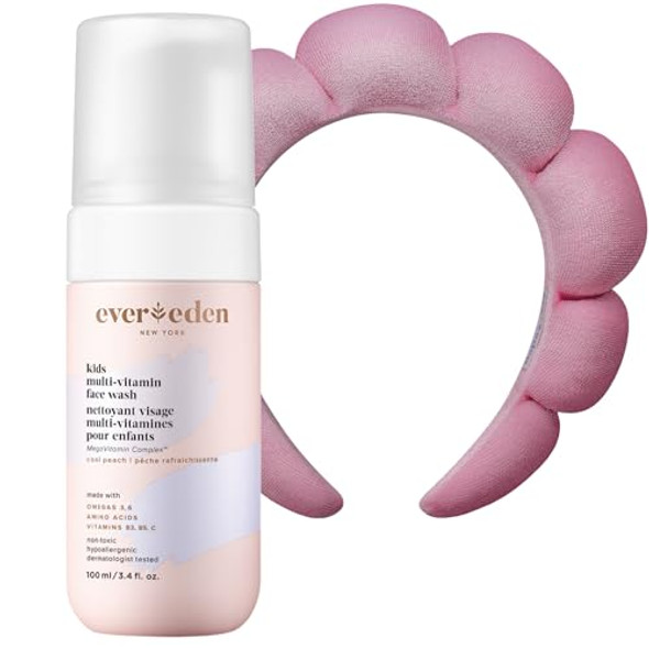 Evereden Kids Face Wash: Cool Peach 3.4 Fl Oz. Cute Terry Spa & Makeup Headband Gentle Kids Skin Care Non-Toxic And Safe Ingredients For Sensitive Skin Multi-Vitamin Skin Care For Kids