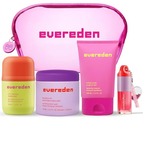 Evereden Preppy Teen Skincare Collection & Lip Gloss Set - Triple Green Tea Cleanser Teen Face Wash Gel-Cream Moisturizer Toner Pads For Face & Tinted Non-Toxic Lip Gloss Ruby Red