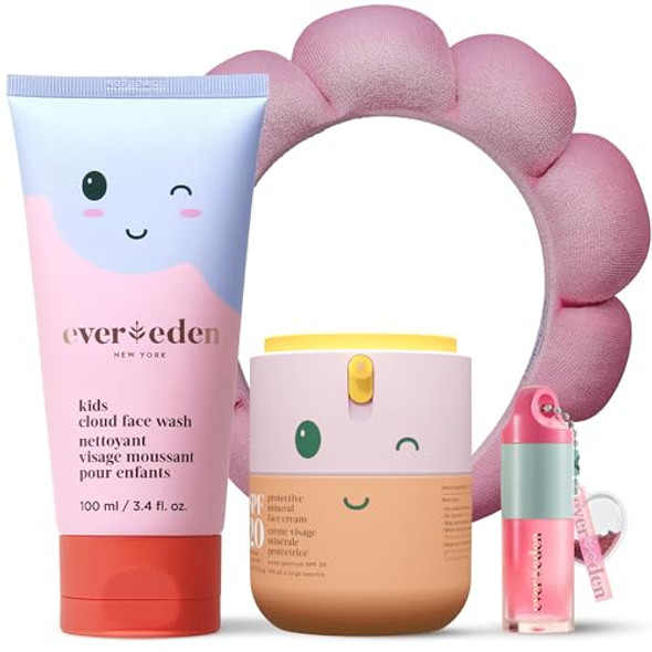Evereden Kids Morning Skincare Set – Cloud Face Wash Spf 20 Daily Face Cream Tinted Lip Oil & Headband – 4-Piece Clean Routine Vegan & Dermatologist-Tested