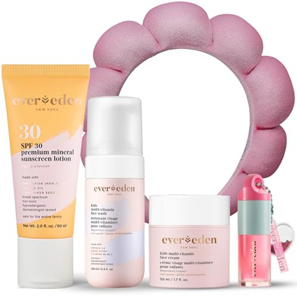 Evereden Kids Skincare Set – Trio Routine With Multi-Vitamin Face Wash & Cream (Peach) Spf 30 Mineral Sunscreen Spa Headband & Tinted Lip Gloss – Gentle Nourishing Daily Care For Kids