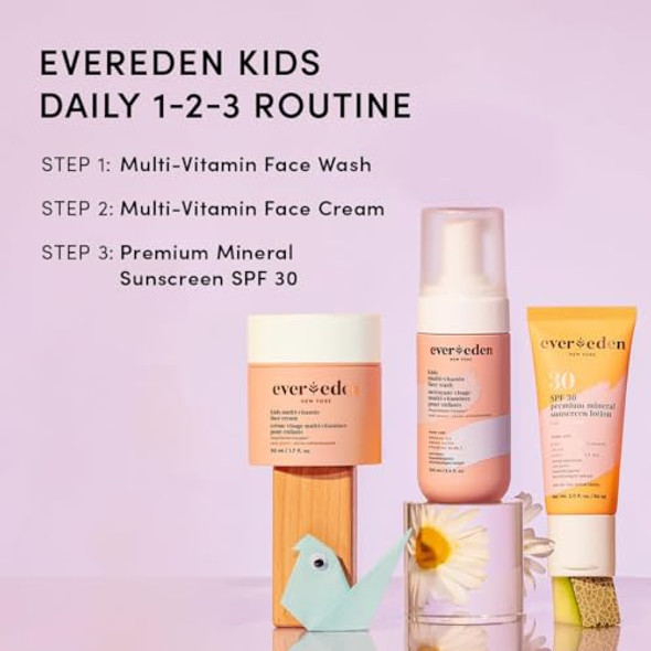 Evereden Kids Skincare Set – Trio Routine With Multi-Vitamin Face Wash & Cream (Peach) Spf 30 Mineral Sunscreen Spa Headband & Tinted Lip Gloss – Gentle Nourishing Daily Care For Kids