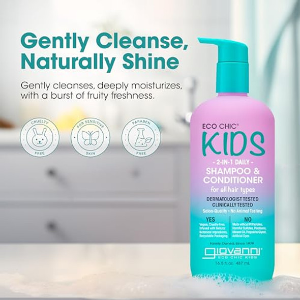 Giovanni Eco Chic Kids 2 In 1 Shampoo & Conditioner - For All Hair Types Salon Quality Gentle Formula - 16.5 Fl Oz (Pack Of 2)