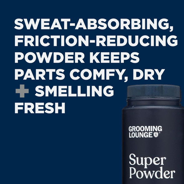 Grooming Lounge Super Powder - Mens Odor Itch And Chafing Defense For The Groin Body And Feet - Friction Control And Excess Sweat Absorber - Anti-Chafe Perspiration Rash Relief Talcum - 4.8 Oz