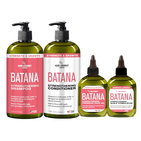 Hair Chemist Batana Strengthening 4-Pc Shampoo & Conditioner Collection - Includes 33.8Oz Shampoo 33.8Oz Conditioner 7.1Oz Hair Oil And 7.1Oz Scalp Stimulator -