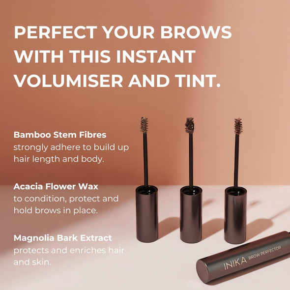 Inika Brow Perfector Instant Volumiser And Tint To Fill Shape And Color Brows. Natural Babmoo Fibres Vegan Ingredients And Dual Ended Custom Brush Head. Walnut