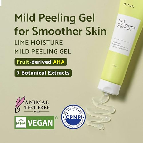 Iunik Lime Moisture Mild Peeling Gel 3.04 Fl Oz - Gentle Exfoliating Deep Cleansing Glowing - Smooth With Aha & Fruits Complex - Control Sebum Clear Dead Skin Cells Blackheads Pore-Minimizing Vegan