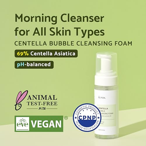 Iunik Centella Bubble Foaming Vegan Facial Cleanser - 69% Centella Asiatica Extract Soothing Moisturizing Exfoliating Removes Pore Blackheads Whiteheads 5.07 Fl Oz