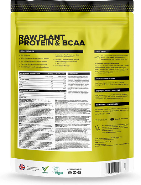 Vivo Life Perform - Raw Vegan Protein Powder | Pea & Hemp Protein Blend with BCAA | Gluten & Soy Free Protein Shak (Raw Cacao, Larg e) 980 grams