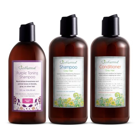 Just Nutritive Gray & Silver Hair Care Essentials For Brighter Healthier Locks Neutralizes Brassiness Prevents Yellowing Deep Hydration And Strengthening 8Oz. - 16Oz. - 16Oz.