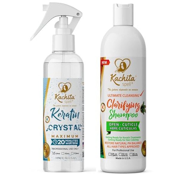 Kachita Spell Kit Keratin Crystal Maximum + Clarifying Shampoo Professional Hair Straightening Repair Shine & Smoothness 16Oz Duo