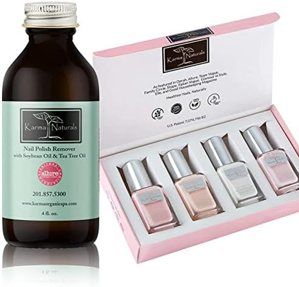 Karma Organic Nail Polish & Nail Polish Remover Bundle - Tea Tree Oil Based Formula Nail Polish Remover (4Floz) Beautiful Natural Nail Polish Bridal Set (Pack Of 4)
