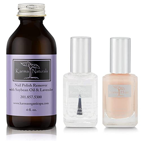 Karma Organic Nail Polish Remover & Nail Polish Bundle – Lavender Nail Polish Remover (4Fl-Oz) With Triple 5 Base Coat & Deep Nutrition Nails Strengthener (.43Fl-Oz)