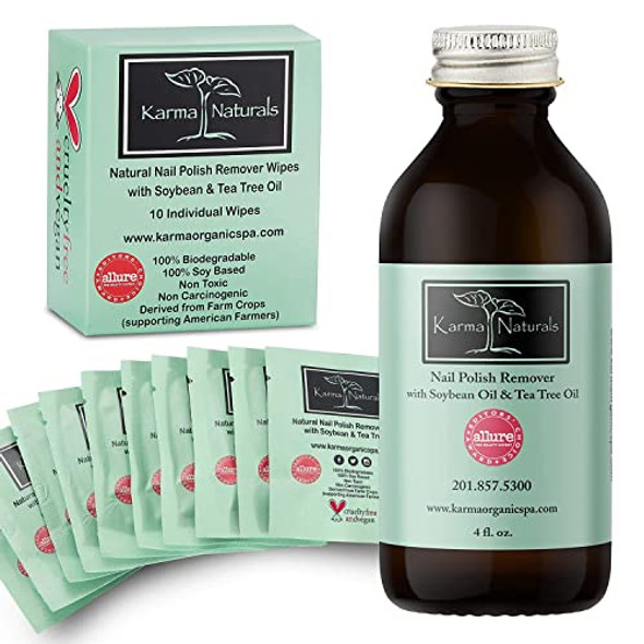 Karma Organic Nail Polish Remover & Wipes Bundle – Tea Tree Nail Polish Remover Wipes (Pack Of 10) Tea Tree Oil Based Formula Remover (4Fl-Oz)