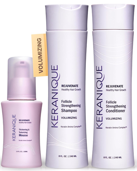 Keranique Volumizing Shampoo And Conditioner Set With Thickening Mousse - Keratin Enriched Volume Kit For Thinning Fine Damaged Dry Hair - Color Safe Sulfate No Alcohol Formula For Women