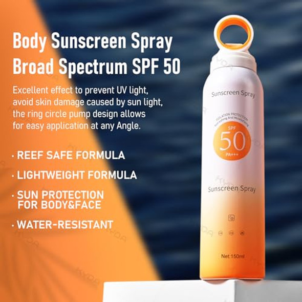 Kyda Reef Safe Sunscreen Spray Spf 50 Body Sunscreen Infused With Vitamin E 360° Mist Lightweight Non-Greasy Water Resistant Uv Protection For Face And Body 5.07 Fl Oz
