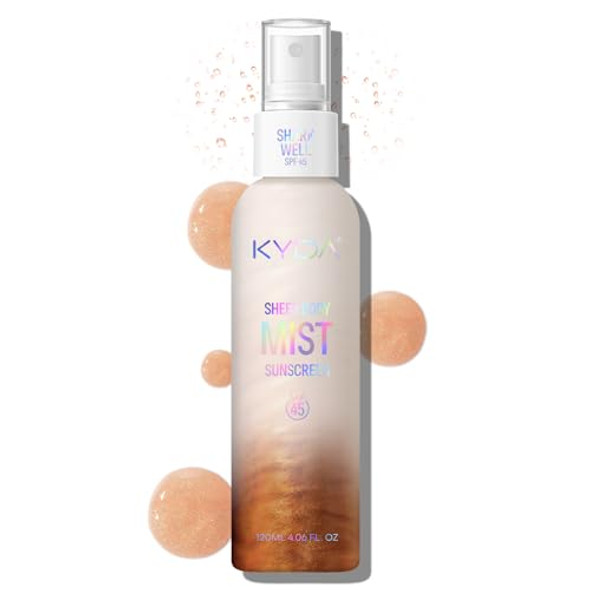 Kyda Sheer Body Sunscreen Mist Spf 45 Radiant Glow Sunscreen Spray Infused With Shimmer Body Oil Ultra-Fine Glowing Mist Quick Drying Lightweight Hydrating Spray 4.06 Fl Oz Amber