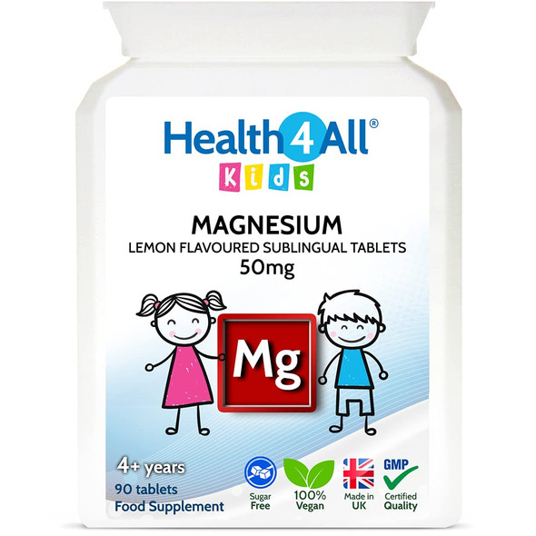 Kids Magnesium Sublingual 90 Tablets (V) for Anxiety, Sleep, Ticks. Vegan Chewable Magnesium Citrate for Children. Made in The UK by Health4All