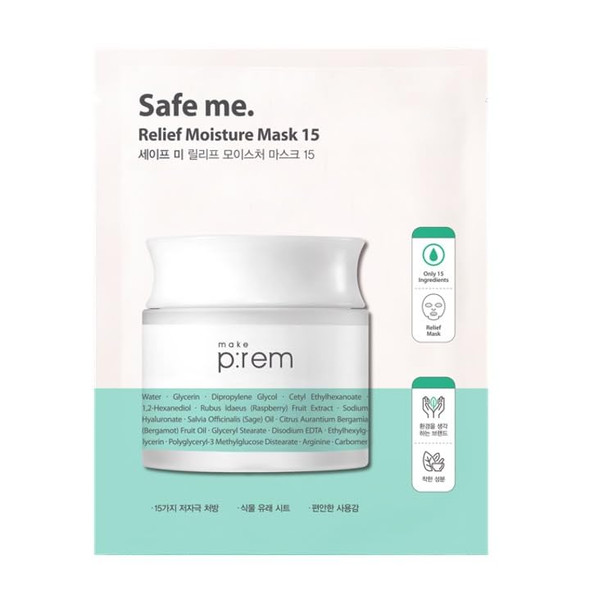 Make P:Rem Safe Me. Relief Moisture Mask 15 Hydrating Sheet Mask With Natural Ingredients Enriched With Hyaluronic Acid For Comfort And Glow Korean Skin Care 0.84 Fl.Oz. (25Ml) X 10Ea