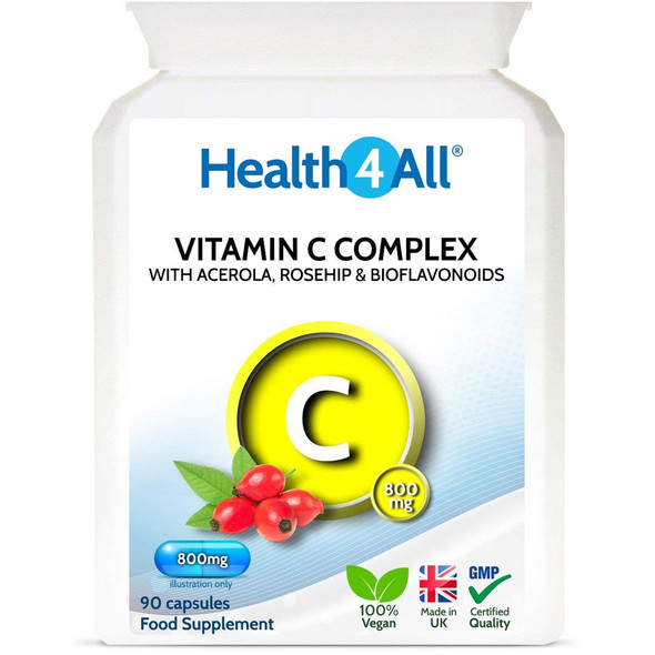Vitamin C Complex 800mg with Bioflavonoids, Rose Hip & Acerola 90 Capsules (V) . Vegan Capsules (not Tablets) Stomach Friendly. Made in The UK by Health4All
