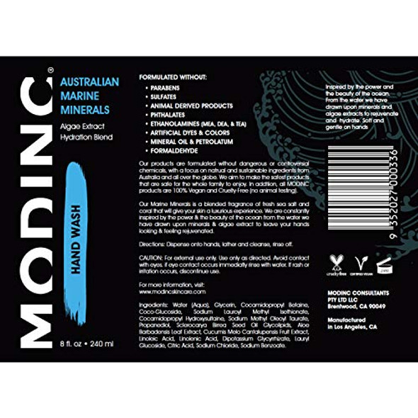 Modinc Luxury Hand Wash Australian Marine Minerals Formula Algae Extract Hydration Blend Vegan Cruelty Pump 8 Ounces